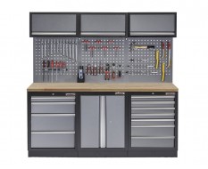 Werkstatt Set mit Hartholzplatte, Werkzeugschrank, Lochwand, 3 x Hängeschrank - 11 Schubladen - 204 x 46 x 200 cm