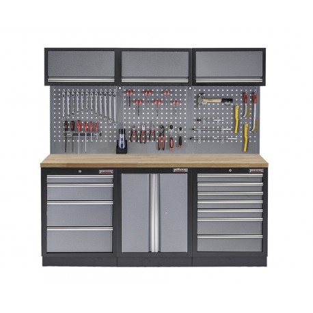 Werkstatt Set mit Hartholzplatte, Werkzeugschrank, Lochwand, 3 x Hängeschrank - 11 Schubladen - 204 x 46 x 200 cm