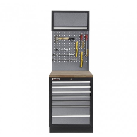 Werkbank aus Metall mit 7 Schubladen, Hartholzplatte + Werkzeuglochwand und Hängeschrank 68 x 46 x 200 cm
