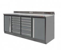 Profi Werkbank Heavy duty - Montagetisch 215 x 70 x 95 cm. mit 12 Schubladen und 2 Werkzeugschränken