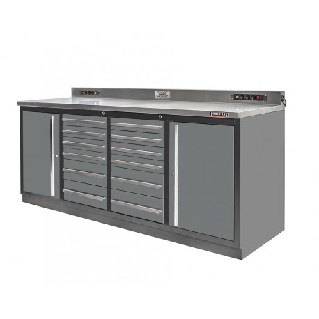 Profi Werkbank Heavy duty - Montagetisch 215 x 70 x 95 cm. mit 12 Schubladen und 2 Werkzeugschränken