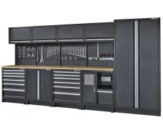 Komplette Werkstatteinrichtung Heavy duty mattschwarz, Werkbank mit Multiplexplatte, 12 Schubladen, 379,5 x 200 cm