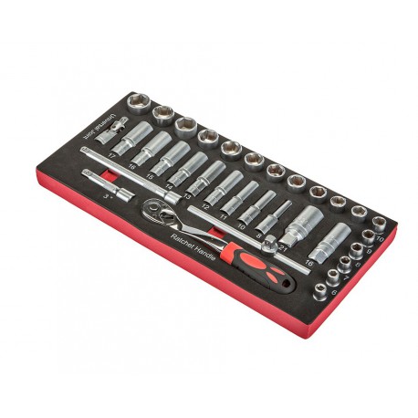 Steckschlüsselsatz 3/8 Zoll mit Umschaltknarre und Verlängerungen 33-teilig in Werkzeugeinlage