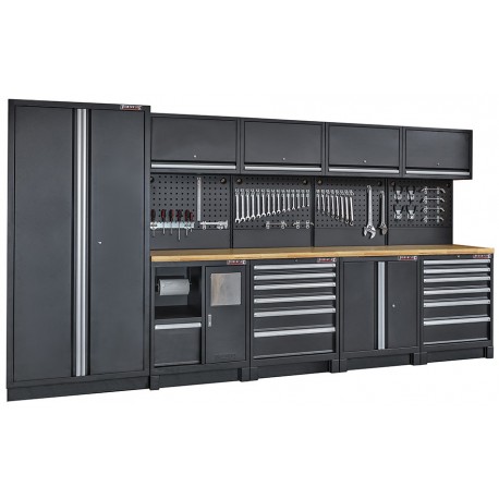 Komplette Werkstatteinrichtung Heavy duty mattschwarz, Werkbank mit Multiplexplatte, 12 Schubladen, 379,5 x 200 cm