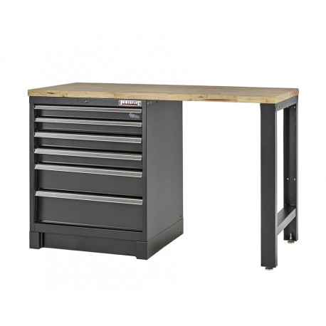 Heavy Duty Werkbank mit Hartholzarbeitsplatte und Schubladenblock mattschwarz - 144 x 60 x 94 cm