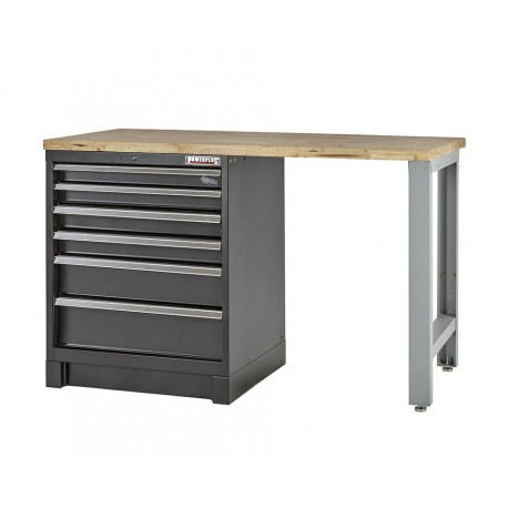 Heavy Duty Werkbank mit Hartholzplatte, Fußgestell grau und Schubladenblock mattschwarz - 144 x 60 x 94 cm