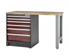 Heavy Duty Werkbank mit Hartholzplatte, Fußgestell grau und Schubladenblock rot - 144 x 60 x 94 cm