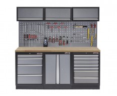 Werkstatt Set mit Hartholzplatte, Werkzeugschrank, Lochwand, 3 x Hängeschrank - 13 Schubladen - 204 x 46 x 200 cm