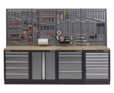 Werkstatt Set mit Hartholzplatte, Lochwand, Werkzeugschrank  - 19 Schubladen - Werkstatteinrichtung 272 x 46 x 94,5 / 199,5 cm