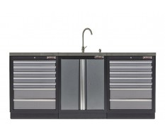 Werkstatt Set mit Metallarbeitsplatte, Waschbecken  - 14 Schubladen - Werkstatteinrichtung - 204 x 46 x 94,6 cm