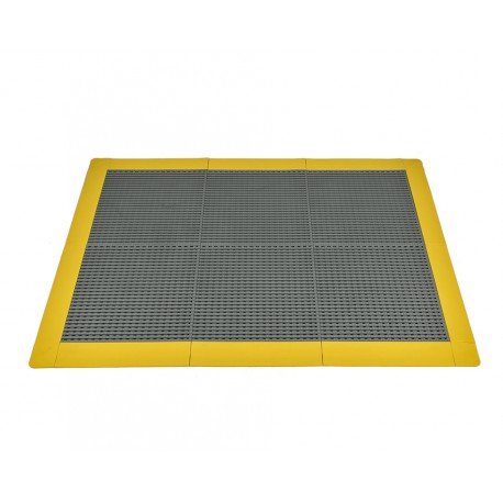 Anti-Rutsch-Klickfliesen - PVC Werkstattmatte - Anti-Ermüdungsmatte, Farbe grau/gelb, Maße 136 x 96 x 1,2 cm.