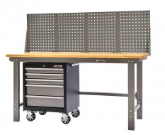 Profi Werkbank 200 cm grau inkl. Werkzeuglochwand und Werkstattwagen 5 Schubladen. Grau