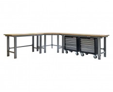 Übereck Werkbank 310 cm x 260 cm grau mit Hartholzplatte + 2 x Werkstattwagen 5 Schubladen - über Eck Werkbank