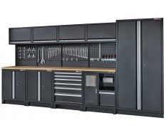 Komplette Werkstatteinrichtung Heavy duty mattschwarz, Werkbank mit Hartholzplatte, 6 Schubladen, 379,5 x 200 cm