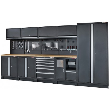 Komplette Werkstatteinrichtung Heavy duty mattschwarz, Werkbank mit Hartholzplatte, 6 Schubladen, 379,5 x 200 cm