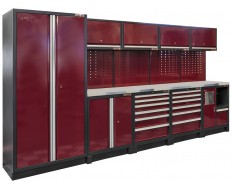 Komplette Werkstatteinrichtung Heavy duty rot, Werkbank mit Hartholzplatte, 12 Schubladen, 379,5 x 200 cm