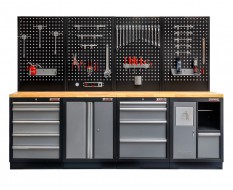 Werkstatt Set mit Hartholzplatte, Lochwand Mattschwarz, 10 Schubladen - Werkstatteinrichtung 272 x 46 x 94,5 / 199,5 cm