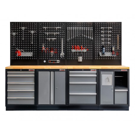 Werkstatt Set mit Hartholzplatte, Lochwand Mattschwarz, 10 Schubladen - Werkstatteinrichtung 272 x 46 x 94,5 / 199,5 cm