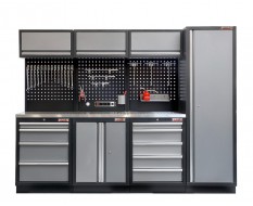 Werkstatt Set mit Metallarbeitsplatte,  Lochwand Mattschwarz, 3 x Hängeschrank - 9 Schubladen - 264 x 46 x 94,6 cm