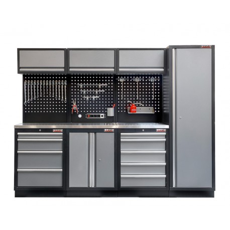 Werkstatt Set mit Metallarbeitsplatte,  Lochwand Mattschwarz, 3 x Hängeschrank - 9 Schubladen - 264 x 46 x 94,6 cm