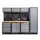Werkstatt Set mit Hartholzplatte, Lochwand Mattschwarz, 3 x Hängeschrank - 9 Schubladen - 264 x 46 x 94,6 cm