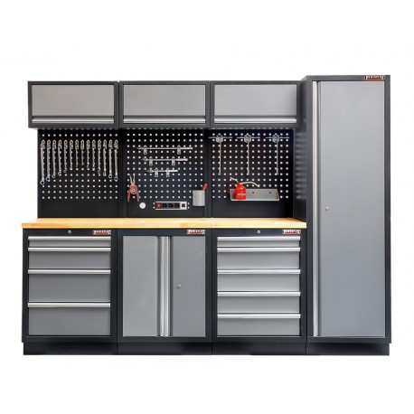 Werkstatt Set mit Hartholzplatte, Lochwand Mattschwarz, 3 x Hängeschrank - 9 Schubladen - 264 x 46 x 94,6 cm
