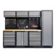 Werkstatt Set mit Hartholzplatte, Lochwand Mattschwarz, 3 x Hängeschrank - 11 Schubladen - 264 x 46 x 94,6 cm