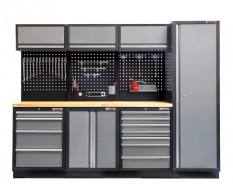 Werkstatt Set mit Hartholzplatte, Lochwand Mattschwarz, 3 x Hängeschrank - 11 Schubladen - 264 x 46 x 94,6 cm