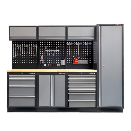 Werkstatt Set mit Hartholzplatte, Lochwand Mattschwarz, 3 x Hängeschrank - 11 Schubladen - 264 x 46 x 94,6 cm