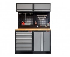 Werkstatt Set mit Hartholzplatte, Lochwand Mattschwarz, Hängeschrank, Werkzeugschrank 5 Schubladen - 136 cm