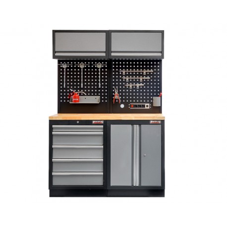 Werkstatt Set mit Hartholzplatte, Lochwand Mattschwarz, Hängeschrank, Werkzeugschrank 5 Schubladen - 136 cm