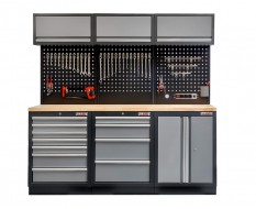 Werkstatt Set mit Hartholzplatte, Lochwand Mattschwarz, 3 x Hängeschrank - 11 Schubladen - 204 x 46 x 200 cm