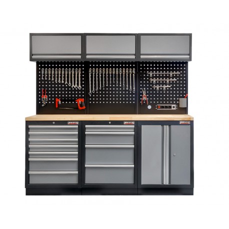 Werkstatt Set mit Hartholzplatte, Lochwand Mattschwarz, 3 x Hängeschrank - 11 Schubladen - 204 x 46 x 200 cm