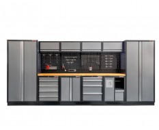 Komplette Werkstatteinrichtung mit Hartholzplatte, Lochwand Mattschwarz - Werkstatt Set 455 x 200 cm - 10 Schubladen
