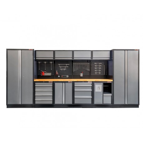 Komplette Werkstatteinrichtung mit Hartholzplatte, Lochwand Mattschwarz - Werkstatt Set 455 x 200 cm - 10 Schubladen