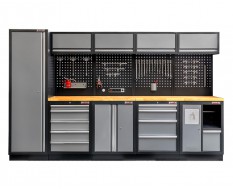 Werkstatteinrichtung mit Hartholzplatte, Lochwand Mattschwarz, Werkzeugschrank aus Metall - 332 x 46 x 200 cm
