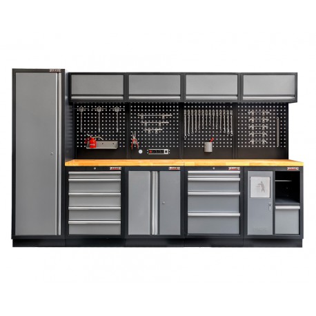 Werkstatteinrichtung mit Hartholzplatte, Lochwand Mattschwarz, Werkzeugschrank aus Metall - 332 x 46 x 200 cm