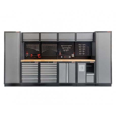 Komplette Werkstatteinrichtung mit Hartholzplatte, Lochwand Mattschwarz, Werkstatt Set 392 x 46 x 200 cm - 15 Schubladen