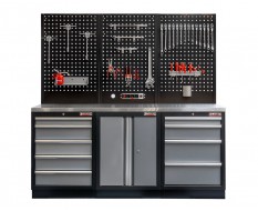 Werkstatt Set mit Metallarbeitsplatte, Lochwand Mattschwarz - 9 Schubladen - Werkstatteinrichtung - 204 x 46 x 94,6 cm