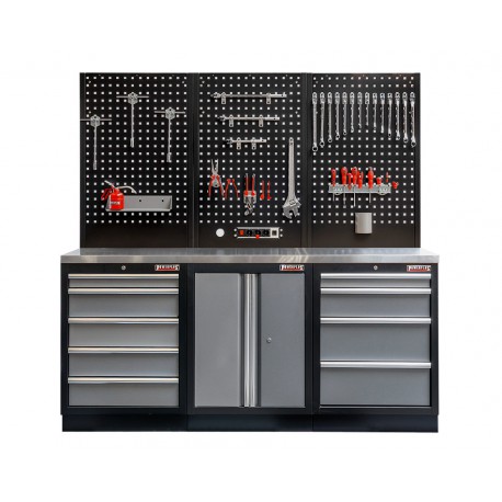 Werkstatt Set mit Metallarbeitsplatte, Lochwand Mattschwarz - 9 Schubladen - Werkstatteinrichtung - 204 x 46 x 94,6 cm