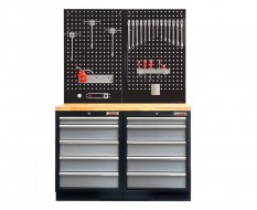 Werkbank mit Hartholzplatte, Lochwand Mattschwarz - 10 Schubladen - 136 x 94,5 / 199,5 cm. Werkstatt Set