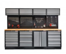 Werkstatteinrichtung mit Hartholzplatte 17 Schubladen, Lochwand Mattschwarz - Werkstatt Set 272 x 46 x 94,5 / 199,5 cm