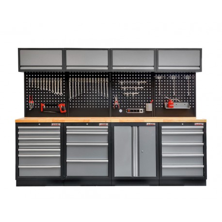 Werkstatteinrichtung mit Hartholzplatte 17 Schubladen, Lochwand Mattschwarz - Werkstatt Set 272 x 46 x 94,5 / 199,5 cm