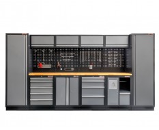 Werkstatteinrichtung mit Hartholzplatte, Lochwand Mattschwarz - Werkstatt Set 392 x 46 x 200 cm.