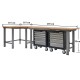 Übereck Werkbank 310 cm grau mit Hartholzplatte + 2 x Werkstattwagen 5 Schubladen - Werkbank über eck - Werkbank Set.