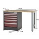 Heavy Duty Werkbank mit Hartholzplatte, Fußgestell grau und Schubladenblock rot - 144 x 60 x 94 cm
