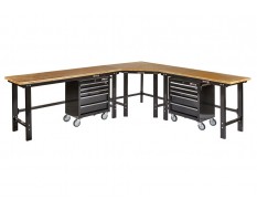 Übereck Werkbank 310 cm x 260 cm schwarz mit Hartholzplatte + 2 x Werkstattwagen 5 Schubladen -  Schenkel Werkbank 