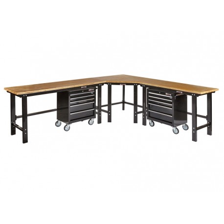 Übereck Werkbank 310 cm x 260 cm schwarz mit Hartholzplatte + 2 x Werkstattwagen 5 Schubladen -  Schenkel Werkbank 