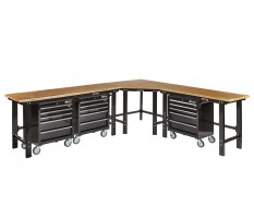 Übereck Werkbank 310 cm x 260 cm schwarz mit Hartholzplatte + 3 x Werkstattwagen 5 Schubladen -  Schenkel Werkbank 