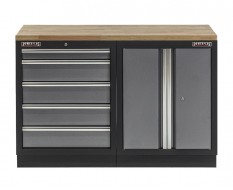 Werkbank mit Hartholzplatte, Werkzeugschrank mit 5 Schubladen und Werkstattschrank aus Metall - 136 cm